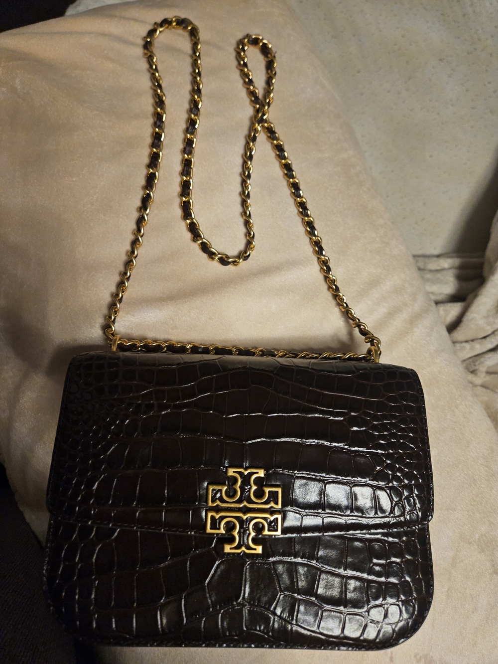 Tory Burch Wine Color Croc-Embossed Chain Crossbody with Gold Hardware